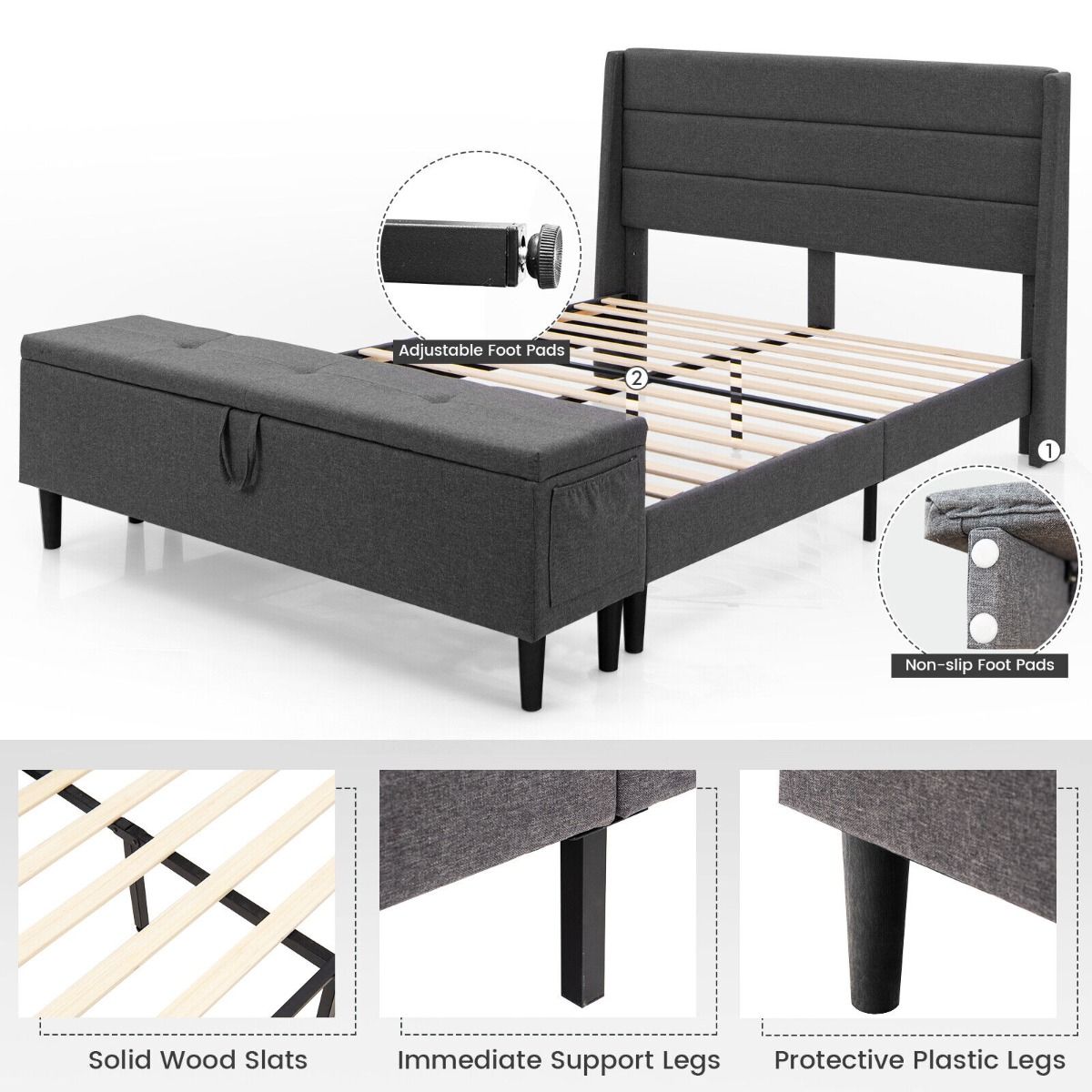 Upholstered Double Bed Frame with Ottoman Bench and Headboard